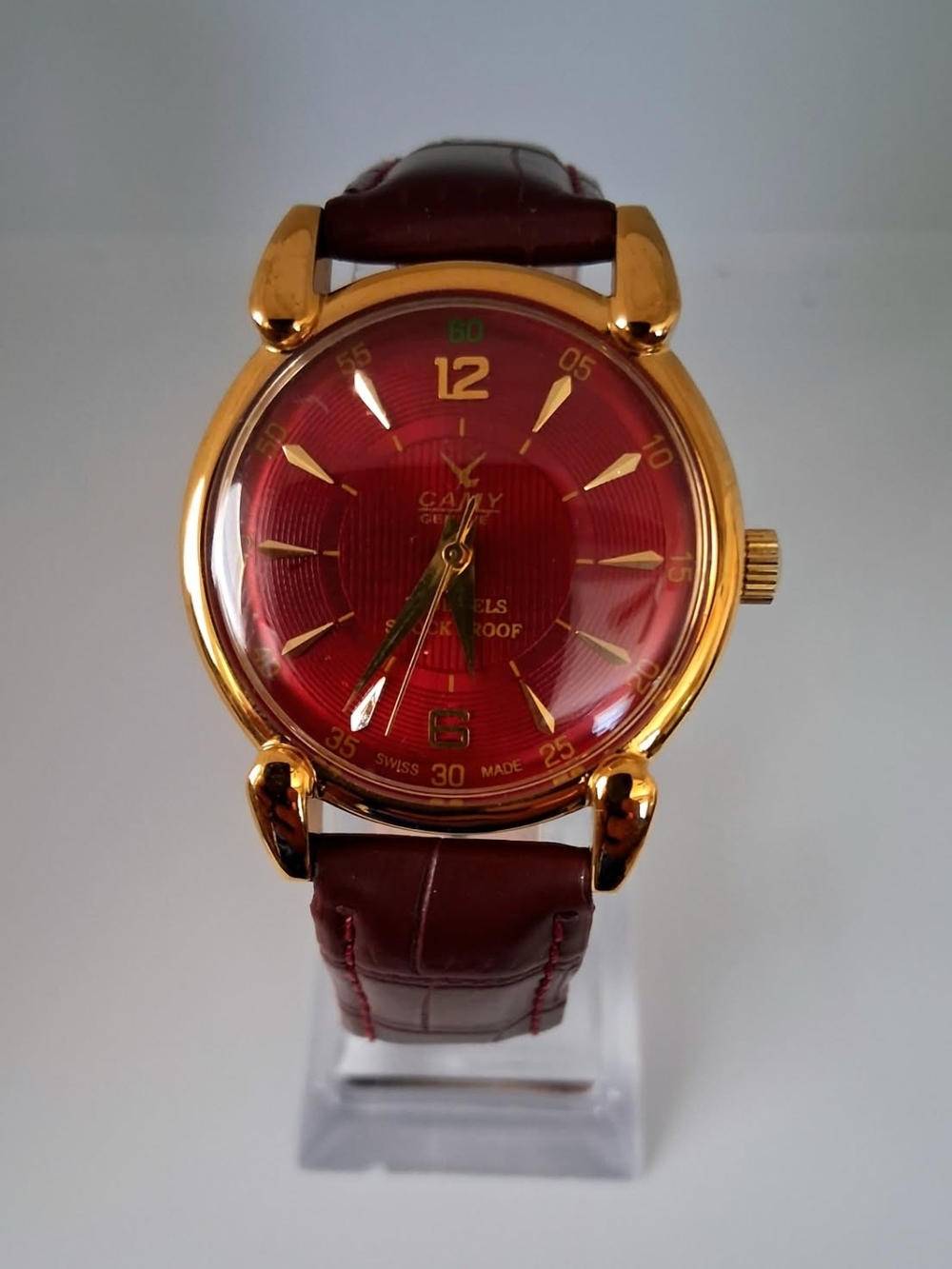 Classic Red Dial Gold-Tone Men's Watch with Brown Leather Strap